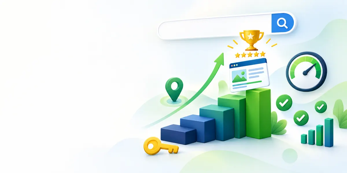 Webseitenoptimierung und SEO: Website steigt in den Google-Suchergebnissen auf Platz 1, mit Ladezeit-Tacho und Keyword-Schlüssel