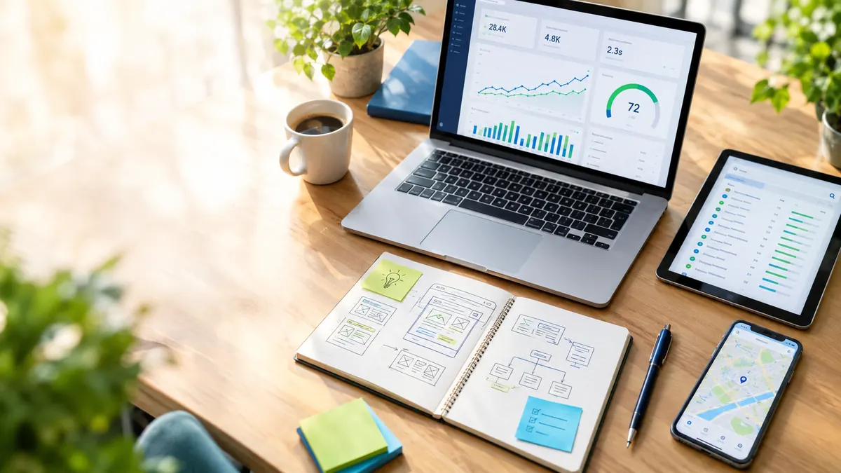 SEO-Analyse am Schreibtisch: Laptop mit Ranking-Dashboard, Tablet mit Keyword-Liste, Notizbuch mit Website-Wireframes und Smartphone mit Standortkarte