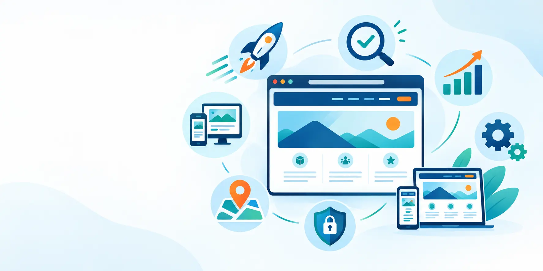 Illustration zur Website-Optimierung mit Browser-Fenster und Symbolen für Ladezeit, SEO, mobile Darstellung und Sicherheit"