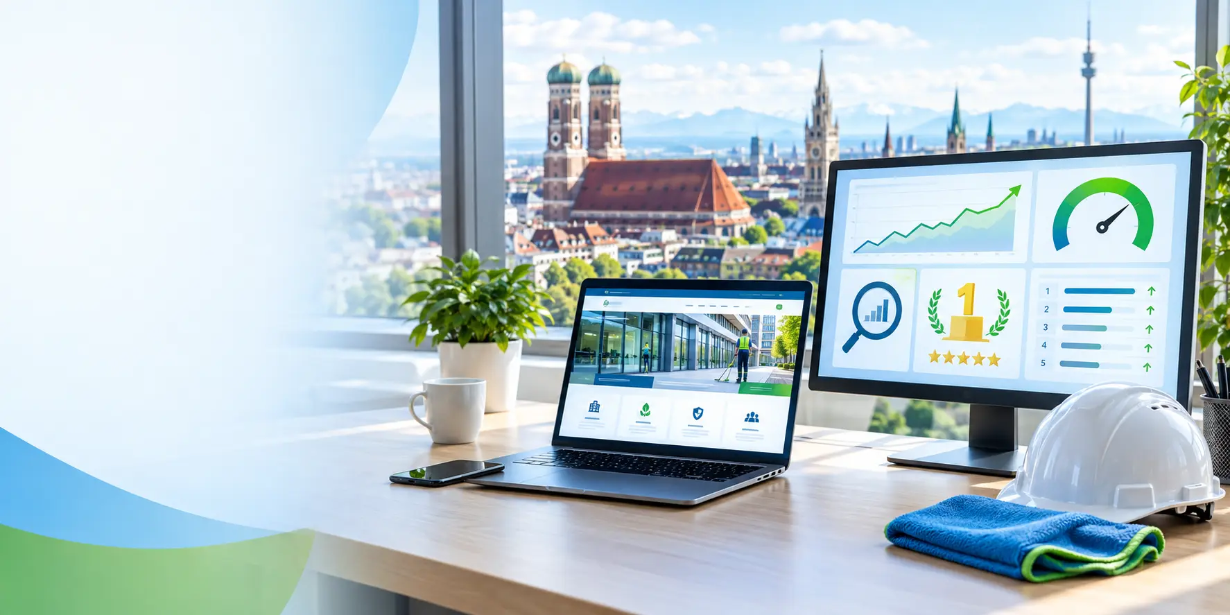 Laptop und Monitor mit SEO-Dashboard zur Website-Optimierung eines Münchner Reinigungsunternehmens"