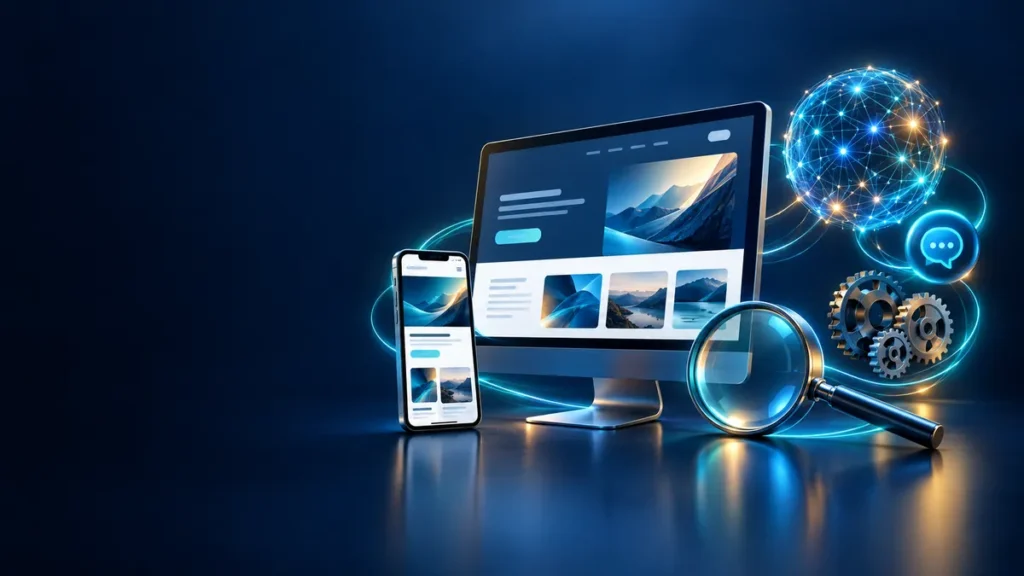 Monitor und Smartphone mit Website-Layouts, Lupe und neuronalem Netzwerk als Symbole für Webdesign, SEO und KI